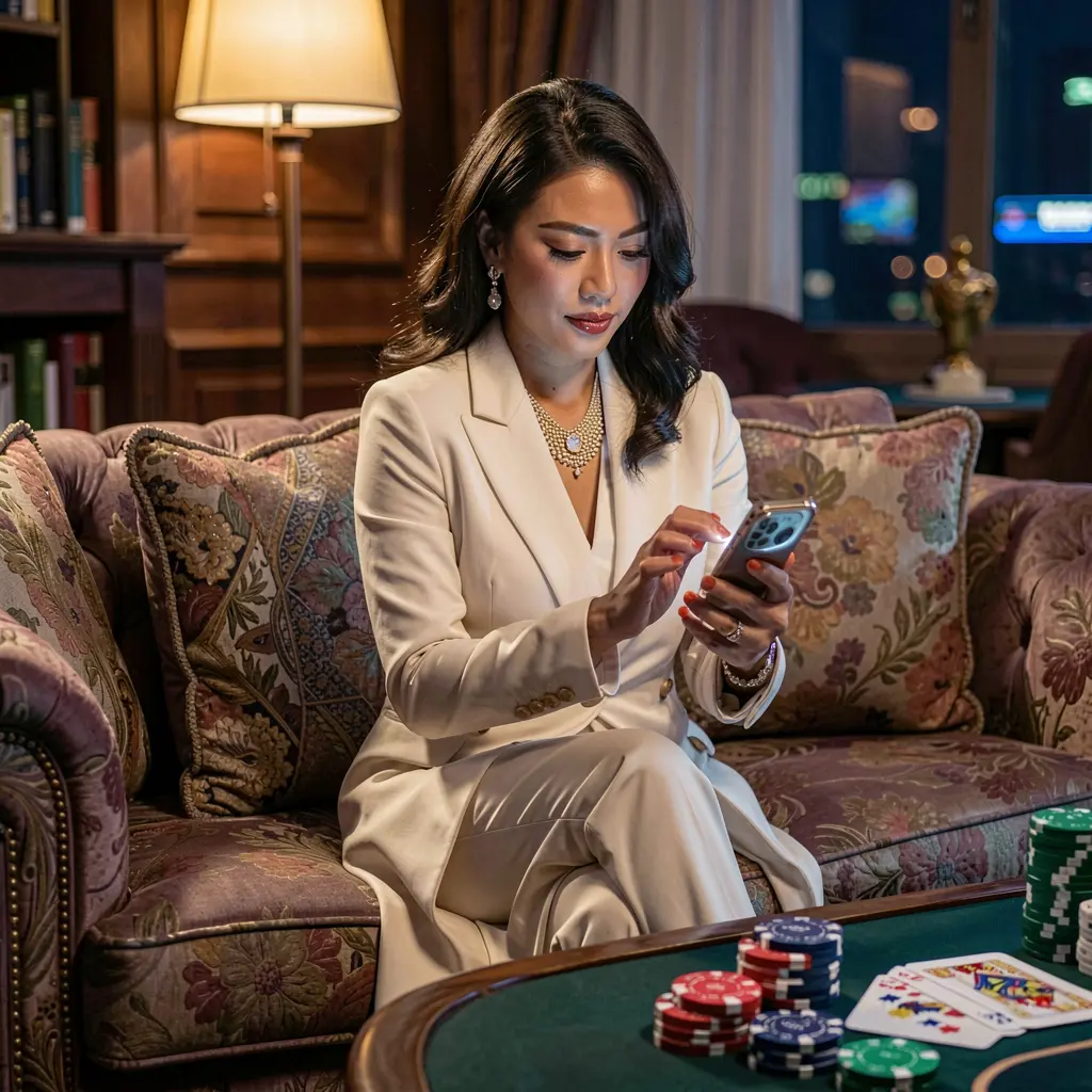 Elegant Filipino woman relaxing on a sofa while using the PHVV casino app with glowing chips and cards creating a premium gaming mood