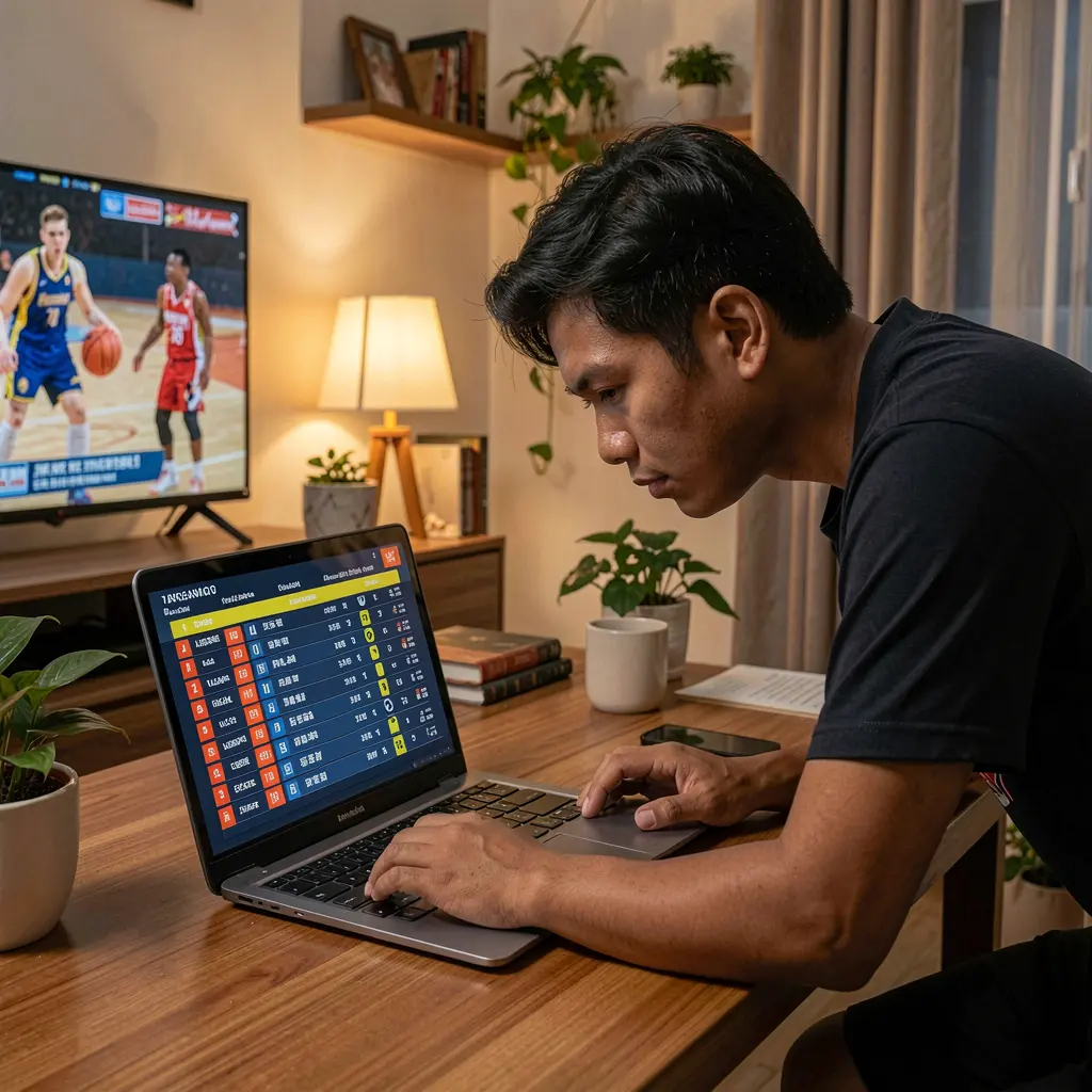 Focused Filipino player placing live basketball bets on a laptop with PHVV while following game action on TV in a cozy home setting