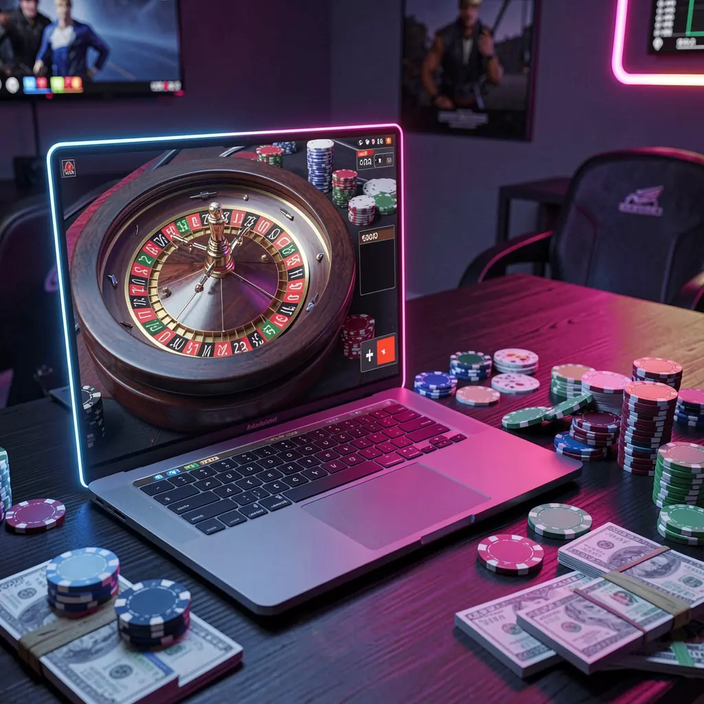 Modern online roulette gameplay on a laptop surrounded by casino chips and cash in a vibrant neon setting showcasing the immersive PHVV casino experience for players in the Philippines