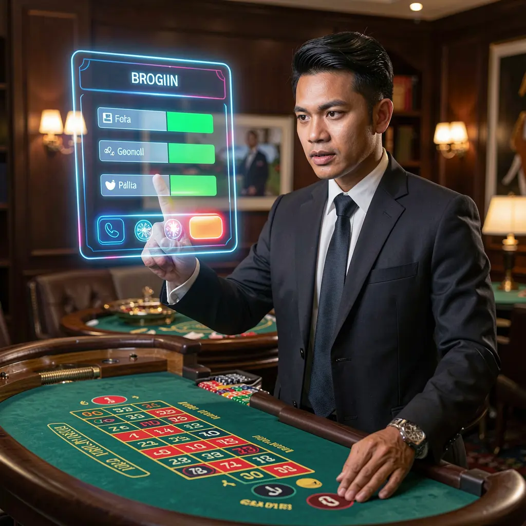 Confident casino dealer pointing at a futuristic holographic login panel with a glowing roulette table behind him representing PHVV online casino in the Philippines