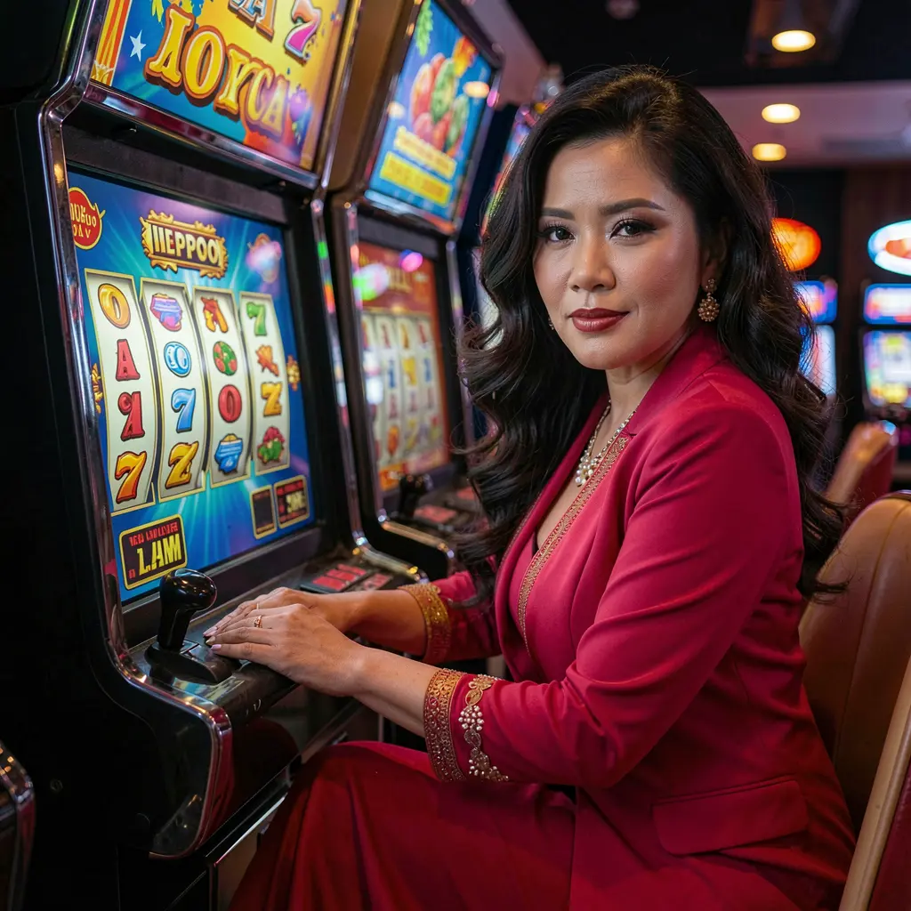 A glamorous woman in a luxurious red dress enjoying high end slot machines in a modern casino atmosphere at PHVV Philippines